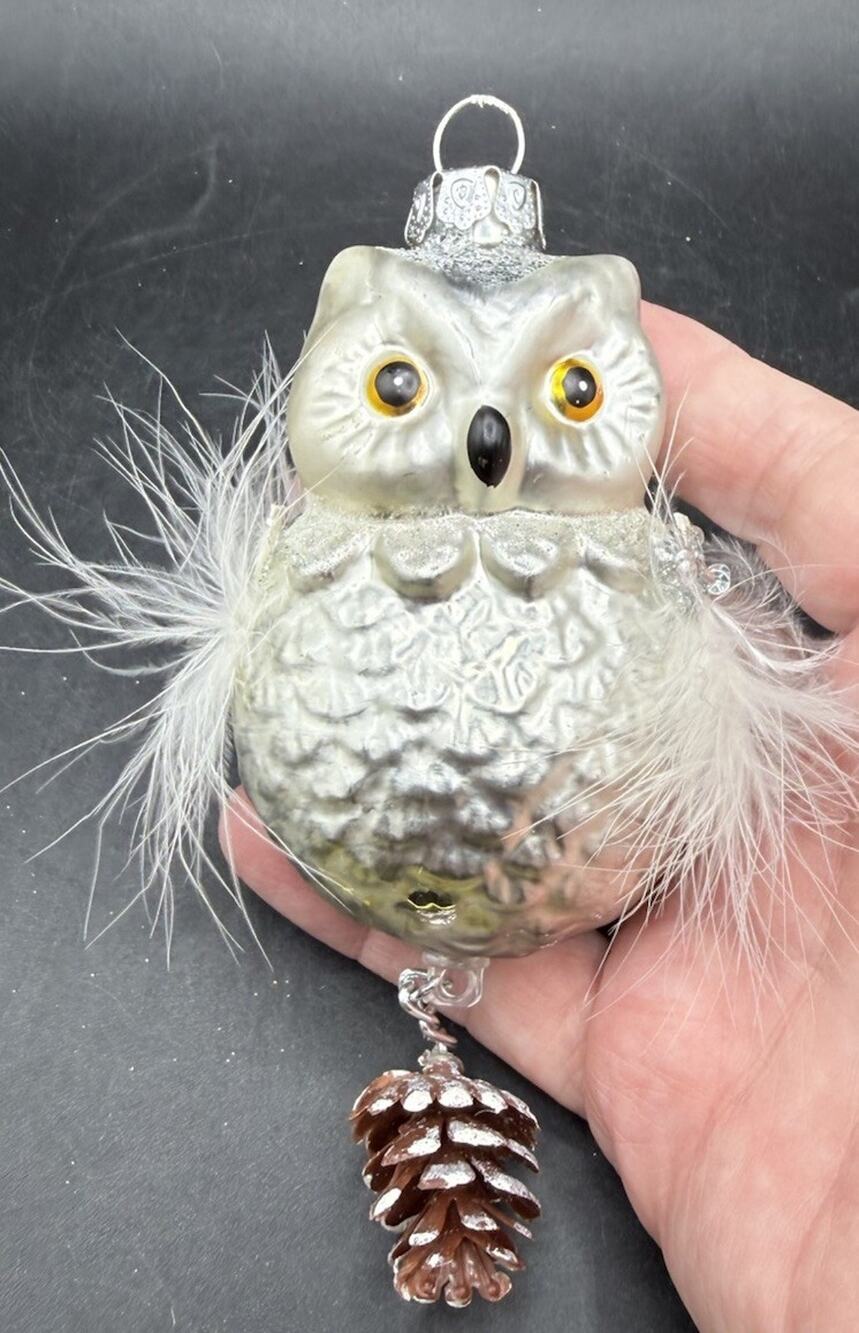 Vintage Martha Stewart Glass Owl Ornament Christmas Feather Pine Cone LO29
